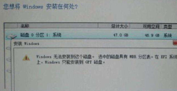 Windows无法安装到这个磁盘，选中磁盘具有MBR分区表